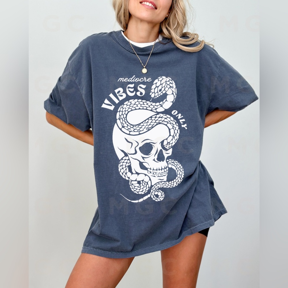 Comfort Colors Mediocre Vibes Skull and Snake Graphic Tee Shirt - Picture 4 of 10